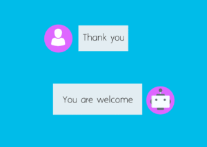 Chatbot conversation illustration showing user saying thank you and robot replying you are welcome