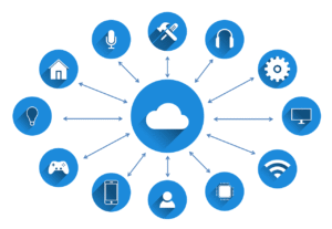 Cloud computing and Internet of Things illustration with connected devices and technology icons