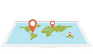 World map with location pins highlighting different regions