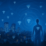 Futuristic city skyline at night with a glowing human silhouette surrounded by Wi-Fi signals, representing AI Wi-Fi tracking and digital surveillance technology