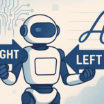 robot holding left right signs with a cursive A in the background