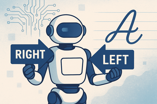 robot holding left right signs with a cursive A in the background