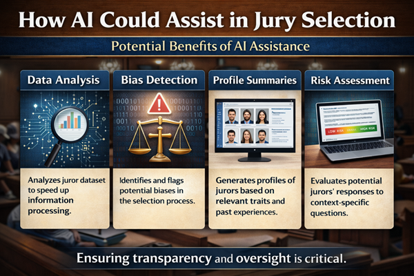 Infographic showing how AI could assist in jury selection through data analysis, bias detection, juror profiles, and risk assessment, with emphasis on human oversight.