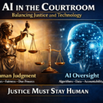 Illustration showing Lady Justice balanced against a digital AI figure, symbolizing the role of AI in the courtroom while emphasizing that justice must remain human.