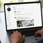 Realistic laptop screen showing YouTube Posts for Computer Technologies LLC on a modern office desk
