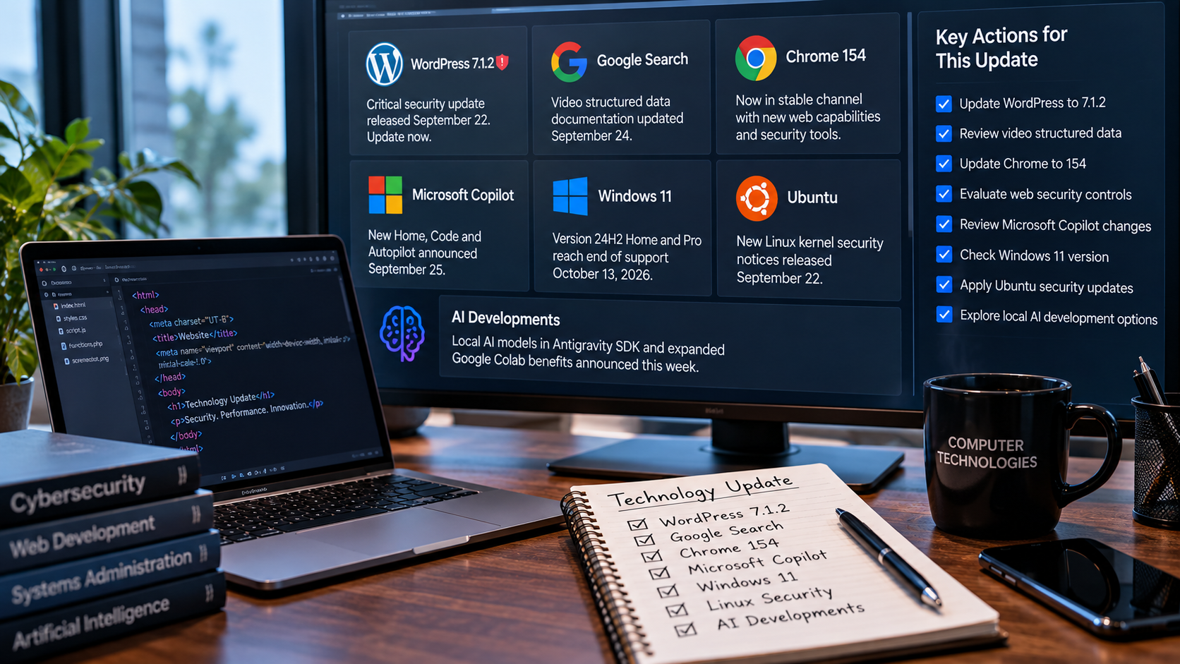 September 2026 technology update covering WordPress security, Google Search, Chrome 154, Microsoft Copilot, Windows 11, Linux security and AI developments.