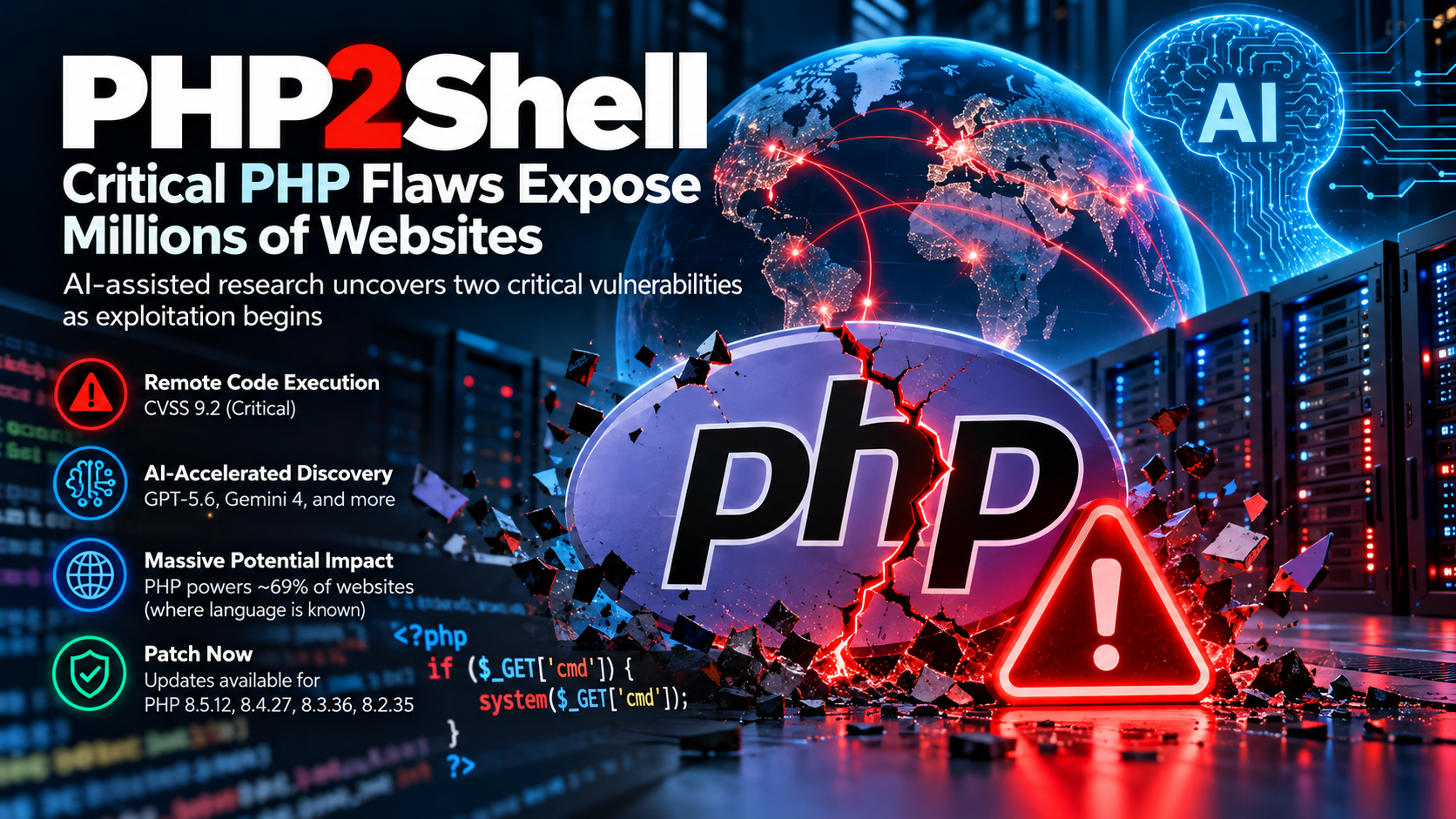 PHP2Shell cybersecurity graphic showing a cracked PHP logo, critical security warning, global attack network, server racks, and AI imagery representing AI-assisted discovery of two critical PHP vulnerabilities.