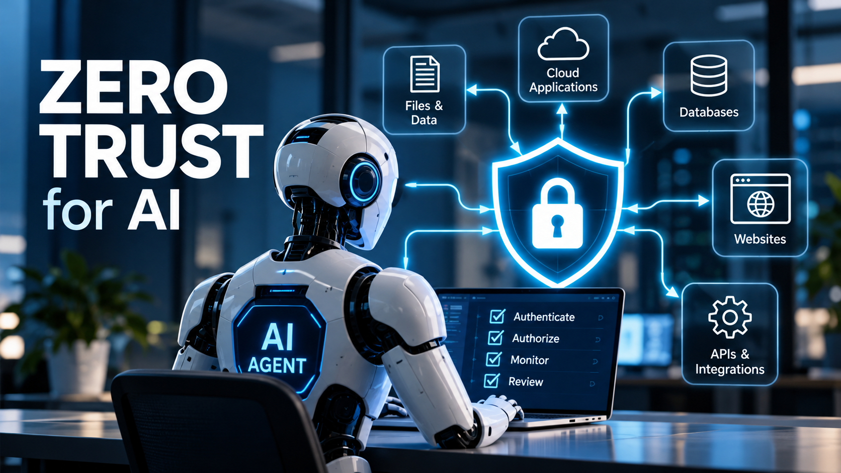 AI agent protected by Zero Trust security controls connected to files, cloud applications, databases, websites, and APIs